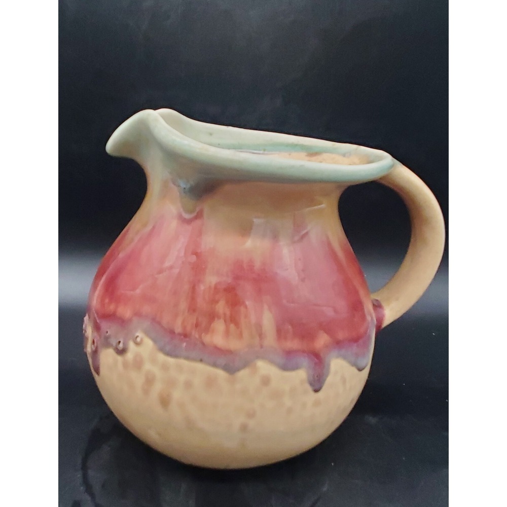 Handmade D. Lessar Studio Art Pottery‎ Red Tulip Pitcher Handmade Drip Glaze 7"